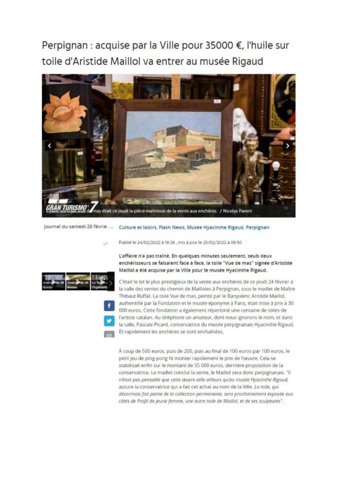 Perpignan : acquise par la Ville pour 35000 €, l'huile sur toile d'Aristide Maillol va entrer au musée Rigaud